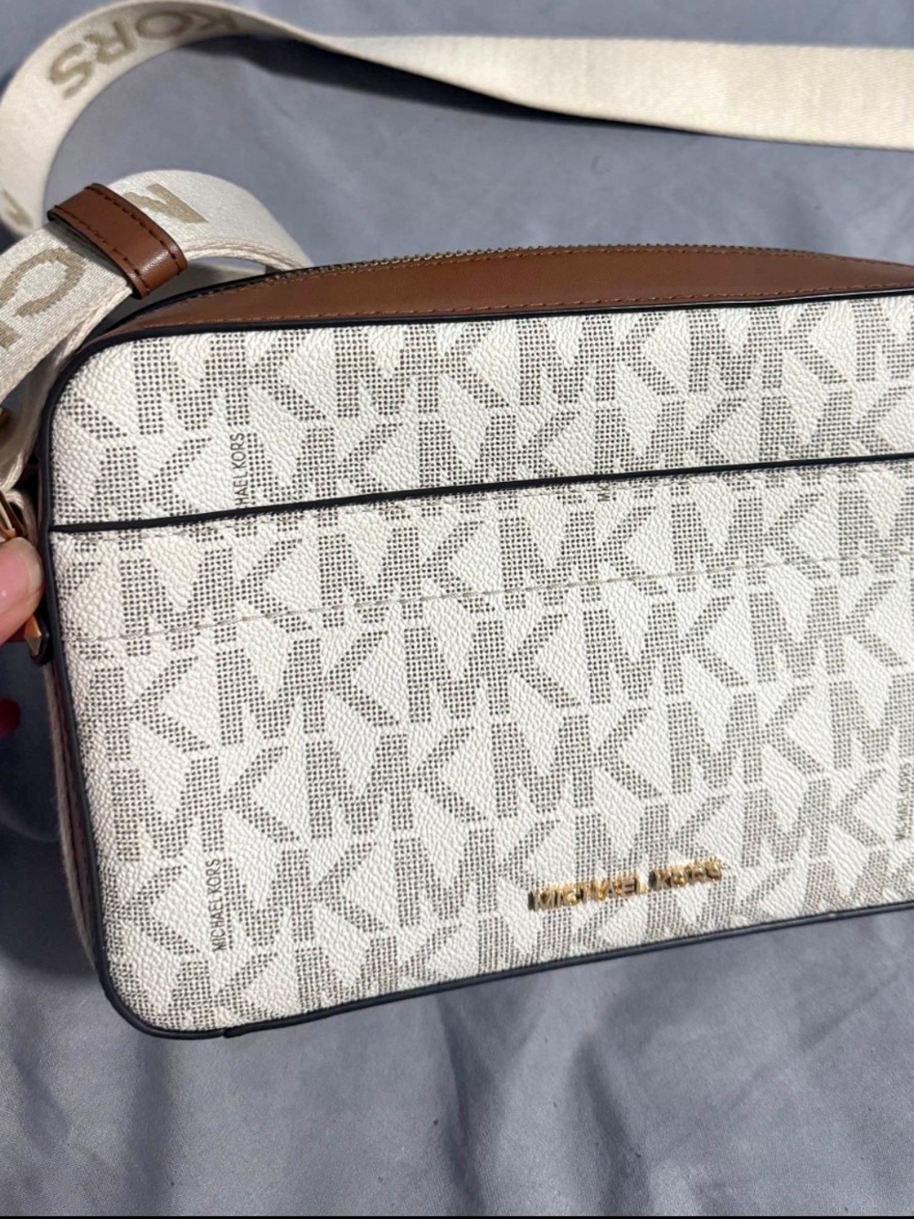 Michael Kors Beige/White Signature Crossbody with Brown Trim
